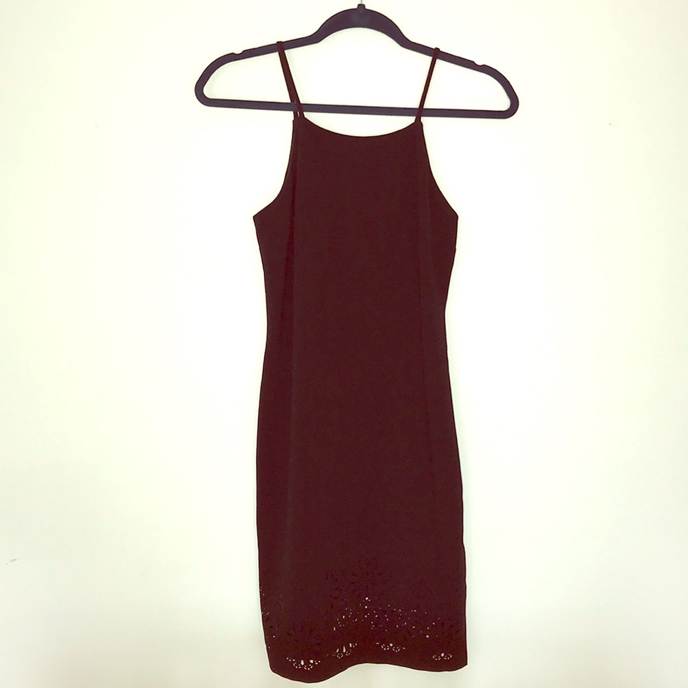 Black high neck dress with floral detail